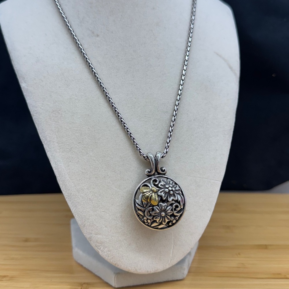 Brighton Reversible Bee Floral Necklace Silver Gold Tone Wheat Chain 19 Inch